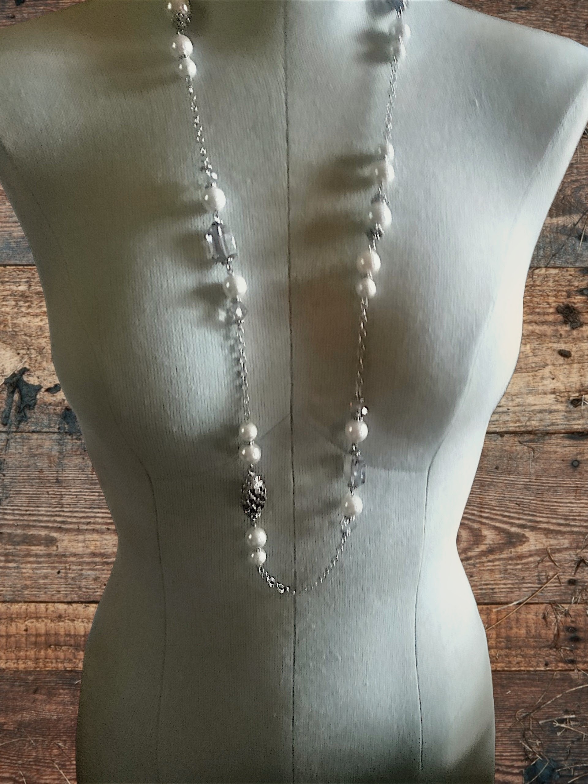 White Pearl And Silver Bead Long Necklace -